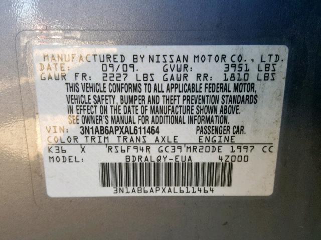 3N1AB6APXAL611464 - 2010 NISSAN SENTRA 2.0 SILVER photo 10