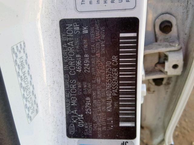 KNALN4D76E5157570 - 2014 KIA CADENZA PR WHITE photo 10