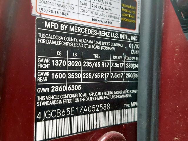 4JGCB65E17A052588 - 2007 MERCEDES-BENZ R 350 BURGUNDY photo 10