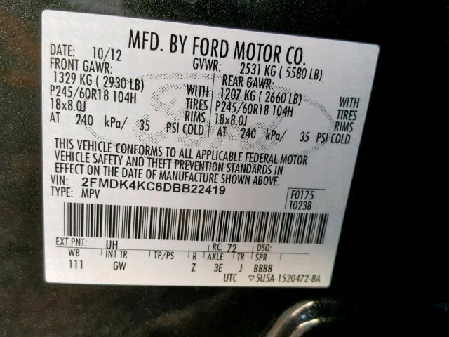 2FMDK4KC6DBB22419 - 2013 FORD EDGE LIMIT BLACK photo 10