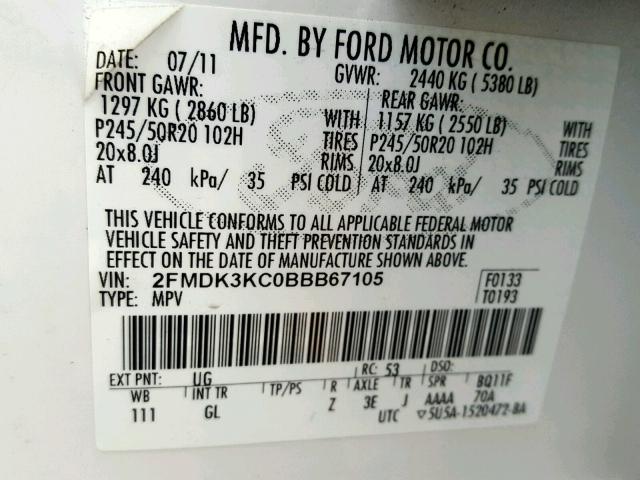 2FMDK3KC0BBB67105 - 2011 FORD EDGE LIMIT WHITE photo 10