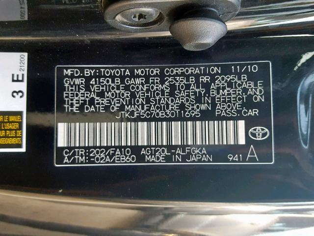 JTKJF5C70B3011695 - 2011 TOYOTA SCION TC BLACK photo 10