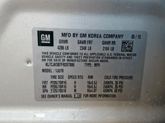 KL7CJKSB7FB207886 - 2015 CHEVROLET TRAX LS SILVER photo 10