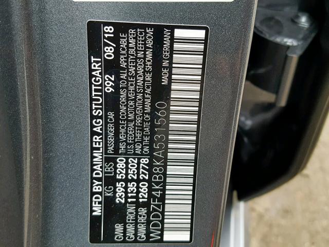 WDDZF4KB8KA531560 - 2019 MERCEDES-BENZ E 300 4MAT GRAY photo 10