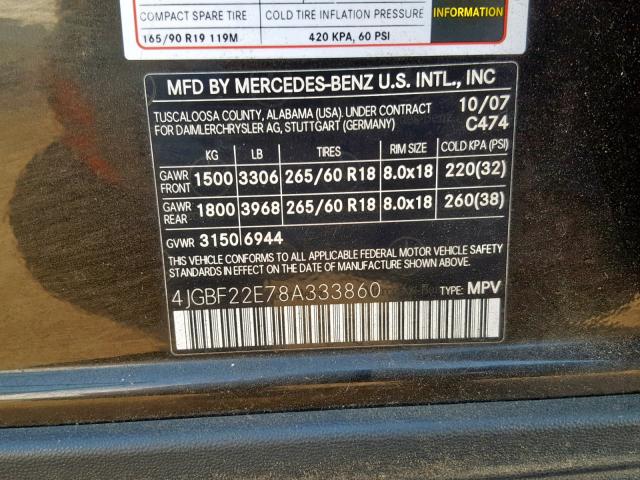 4JGBF22E78A333860 - 2008 MERCEDES-BENZ GL 320 CDI BLACK photo 10