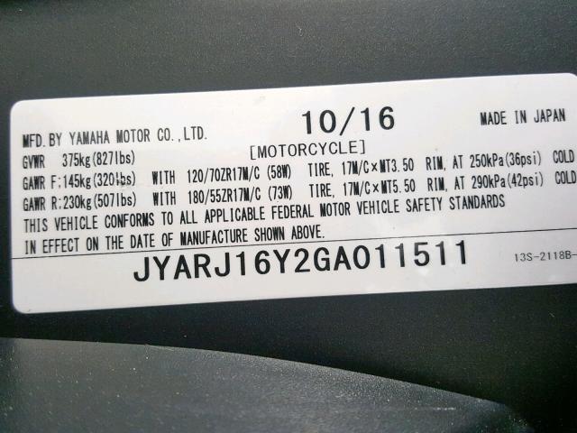 JYARJ16Y2GA011511 - 2016 YAMAHA YZFR6 C GRAY photo 20