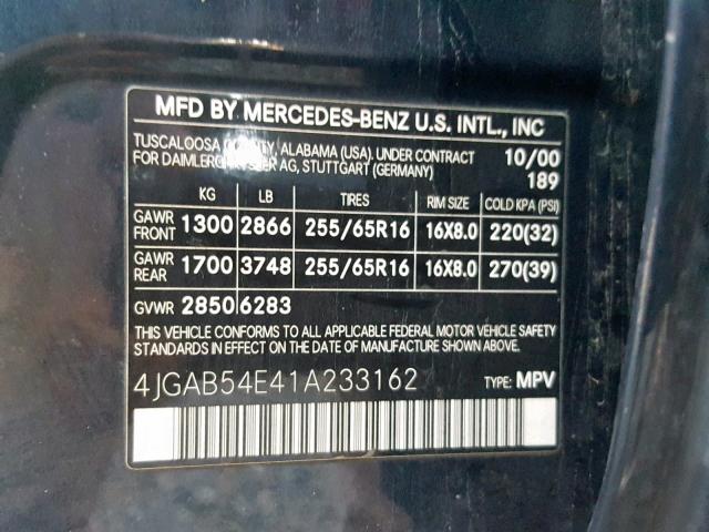 4JGAB54E41A233162 - 2001 MERCEDES-BENZ ML 320 BLUE photo 10