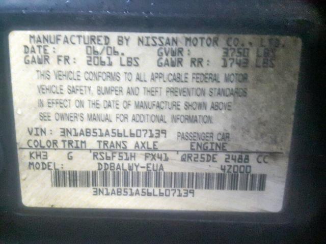 3N1AB51A56L607139 - 2006 NISSAN SENTRA SE- BLACK photo 10