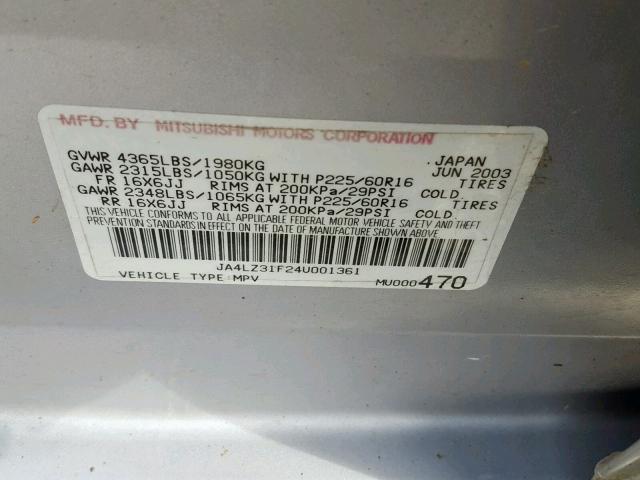 JA4LZ31F24U001361 - 2004 MITSUBISHI OUTLANDER GRAY photo 10