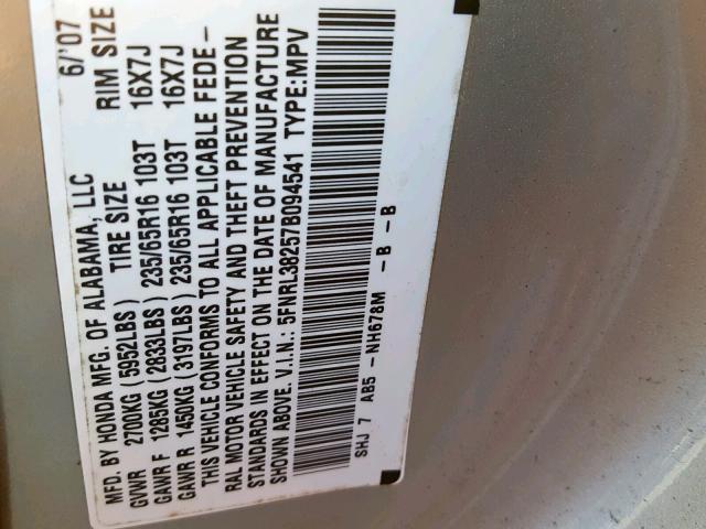 5FNRL38257B094541 - 2007 HONDA ODYSSEY LX SILVER photo 10