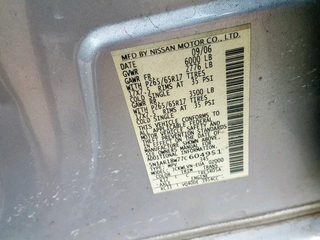 5N1AR18W77C604951 - 2007 NISSAN PATHFINDER SILVER photo 10