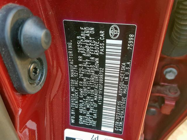 4T1BF1FK0FU898702 - 2015 TOYOTA CAMRY LE BURGUNDY photo 10