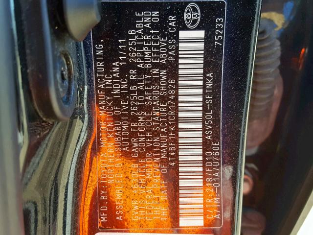 4T4BF1FK1CR174826 - 2012 TOYOTA CAMRY BASE BLACK photo 10