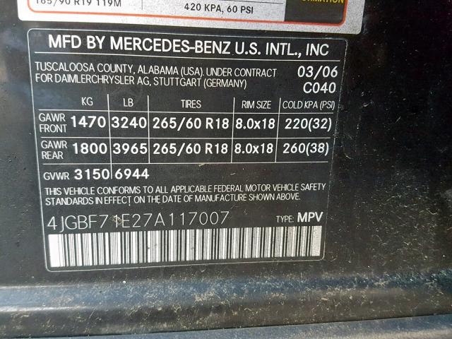 4JGBF71E27A117007 - 2007 MERCEDES-BENZ GL 450 4MA BLACK photo 10