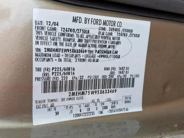 2MEHM75W95X633469 - 2005 MERCURY GRAND MARQ GOLD photo 10