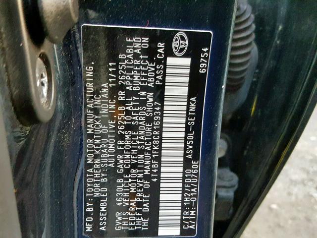 4T4BF1FK8CR169347 - 2012 TOYOTA CAMRY BASE შავი ფოტო 10