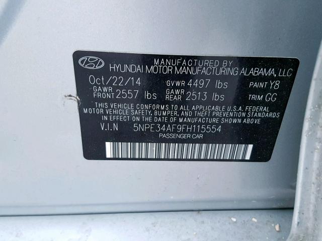 5NPE34AF9FH115554 - 2015 HYUNDAI SONATA SPO SILVER photo 10