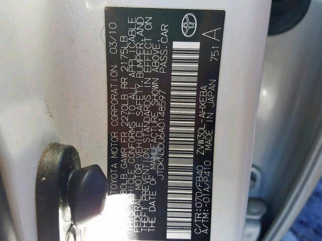 JTDKN3DU6A0148597 - 2010 TOYOTA PRIUS WHITE photo 10