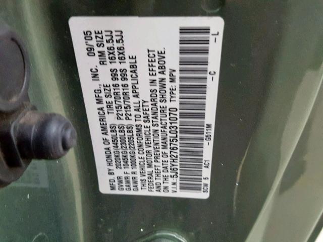 5J6YH27675L031070 - 2005 HONDA ELEMENT EX GREEN photo 10