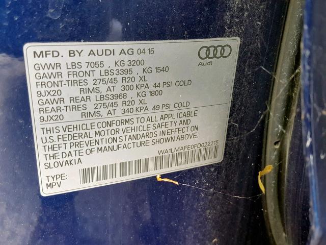 WA1LMAFE0FD022215 - 2015 AUDI Q7 TDI BLUE photo 10