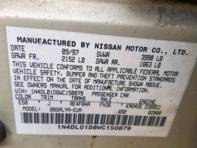 1N4DL01D8WC150879 - 1998 NISSAN ALTIMA XE BEIGE photo 10