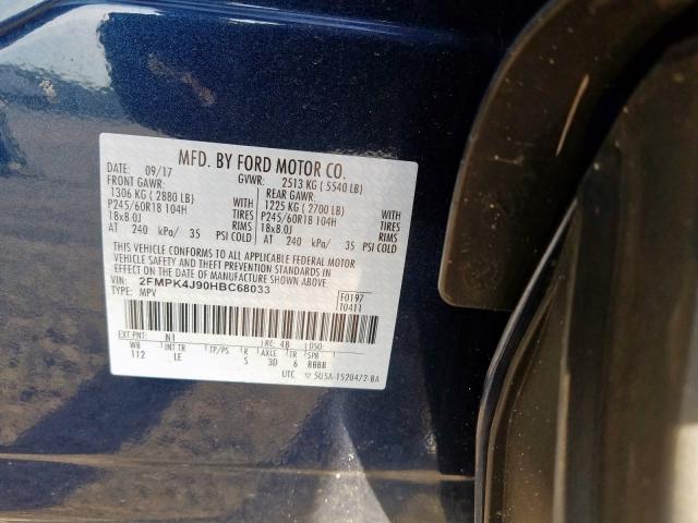 2FMPK4J90HBC68033 - 2017 FORD EDGE SEL BLUE photo 10