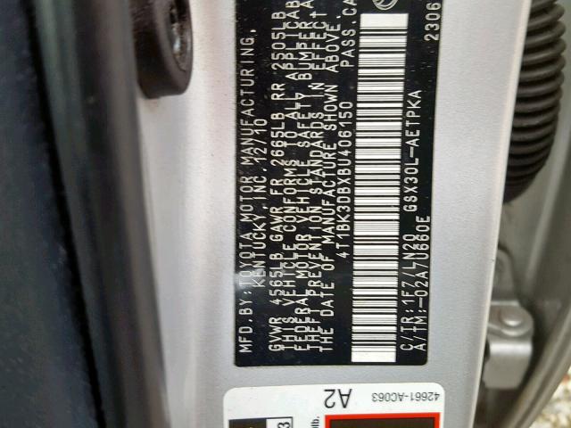 4T1BK3DBXBU406150 - 2011 TOYOTA AVALON BAS Argent photo 10