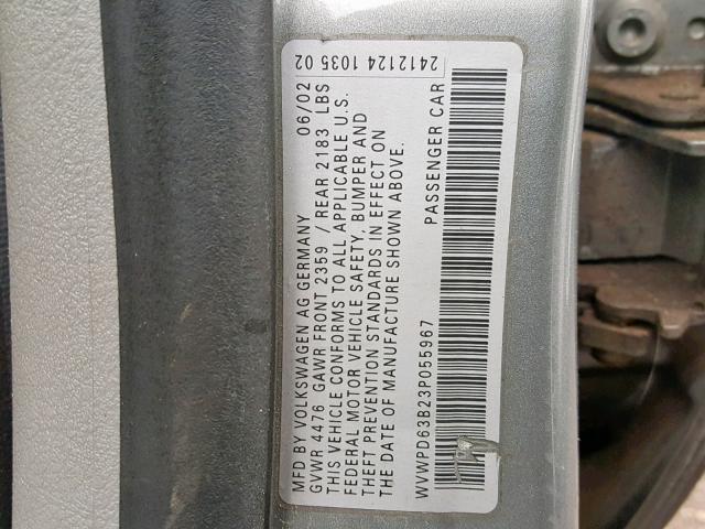 WVWPD63B23P055967 - 2003 VOLKSWAGEN PASSAT GLS GRAY photo 10