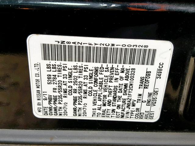 JN8AZ1FY2CW100328 - 2012 NISSAN MURANO CRO BLACK photo 10