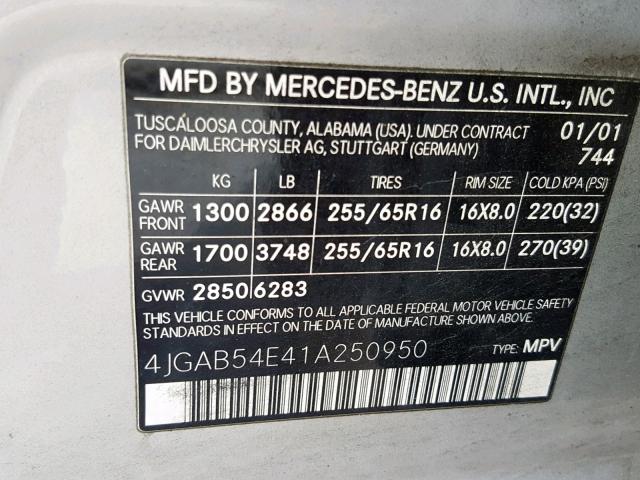 4JGAB54E41A250950 - 2001 MERCEDES-BENZ ML 320 SILVER photo 10