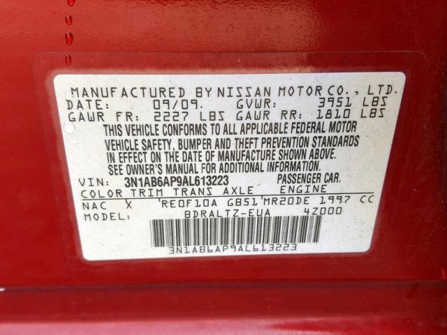 3N1AB6AP9AL613223 - 2010 NISSAN SENTRA 2.0 RED photo 10