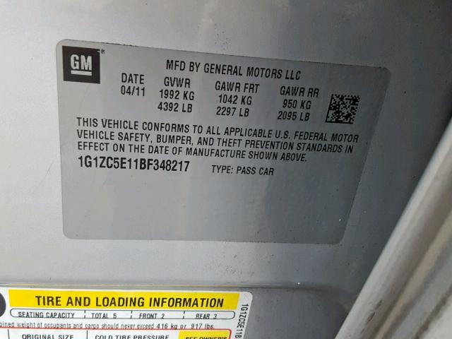 1G1ZC5E11BF348217 - 2011 CHEVROLET MALIBU 1LT 银色 照片 10