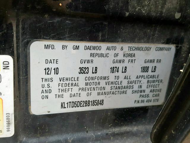 KL1TD5DE2BB185848 - 2011 CHEVROLET AVEO LS BLACK photo 10