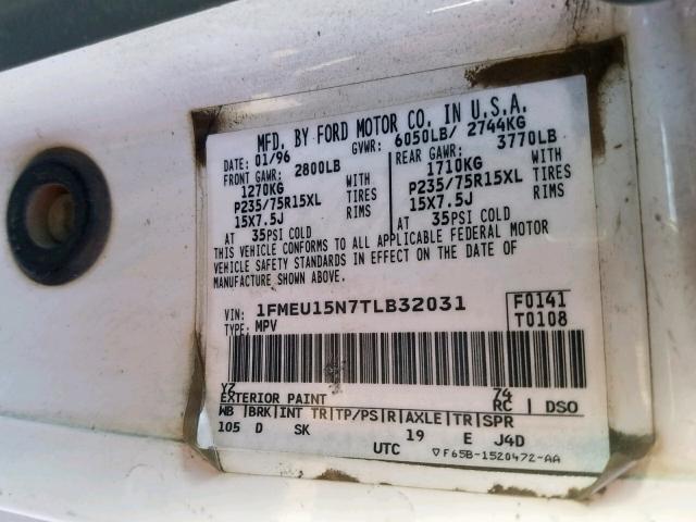 1FMEU15N7TLB32031 - 1996 FORD BRONCO U10 WHITE photo 10