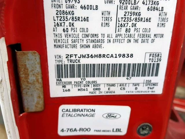2FTJW36H8RCA19838 - 1994 FORD F350 RED photo 10