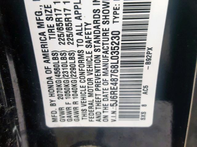 5J6RE48768L035230 - 2008 HONDA CR-V EXL BLACK photo 10