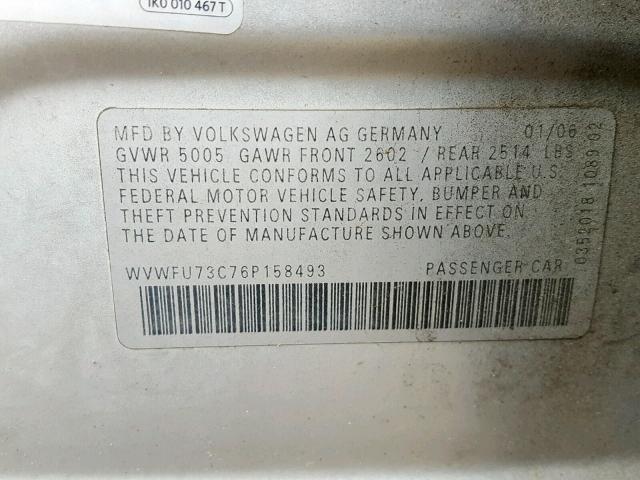 WVWFU73C76P158493 - 2006 VOLKSWAGEN PASSAT 3.6 SILVER photo 10