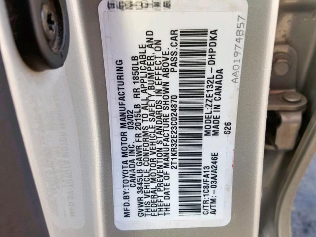 2T1KR32E23C024870 - 2003 TOYOTA MATRIX 银色 照片 10