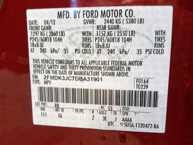 2FMDK3JC7DBA31901 - 2013 FORD EDGE SEL RED photo 10