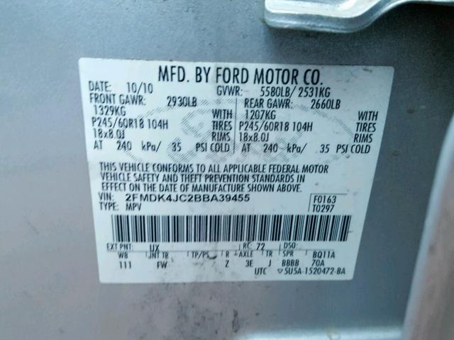 2FMDK4JC2BBA39455 - 2011 FORD EDGE SEL SILVER photo 10