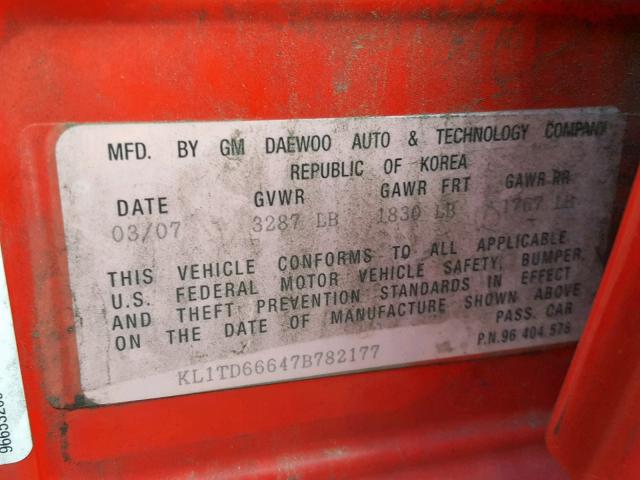 KL1TD66647B782177 - 2007 CHEVROLET AVEO BASE Qırmızı foto 10