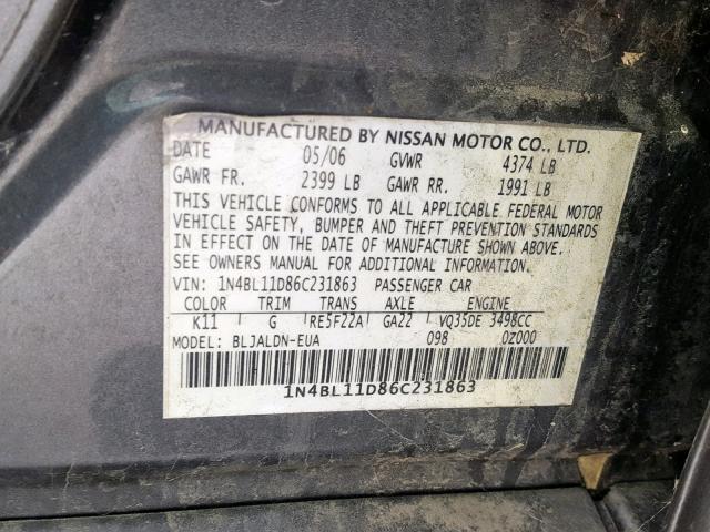 1N4BL11D86C231863 - 2006 NISSAN ALTIMA SE GRAY photo 10