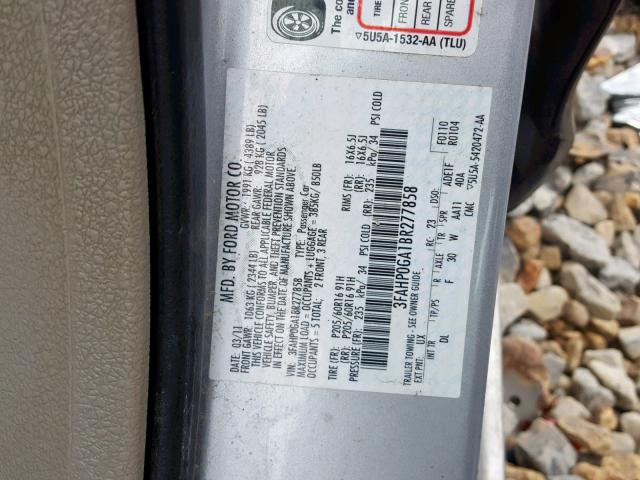 3FAHP0GA1BR277858 - 2011 FORD FUSION S SILVER photo 10