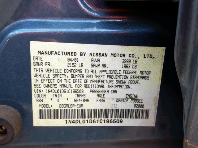 1N4DL01D61C196509 - 2001 NISSAN ALTIMA XE BLUE photo 10