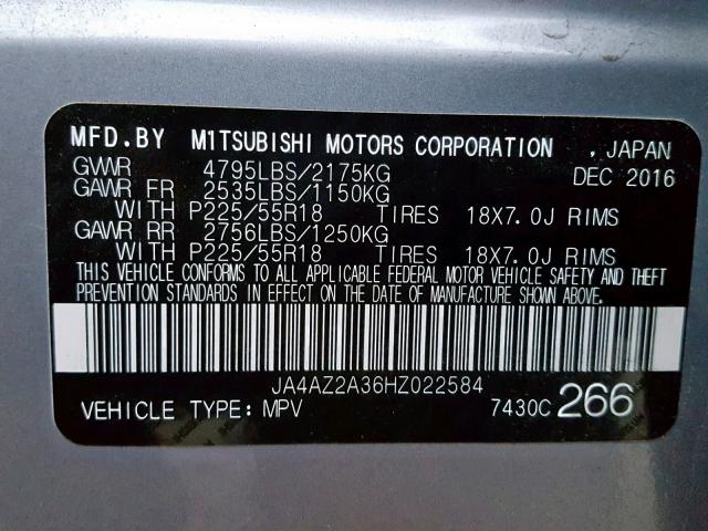 JA4AZ2A36HZ022584 - 2017 MITSUBISHI OUTLANDER SILVER photo 10