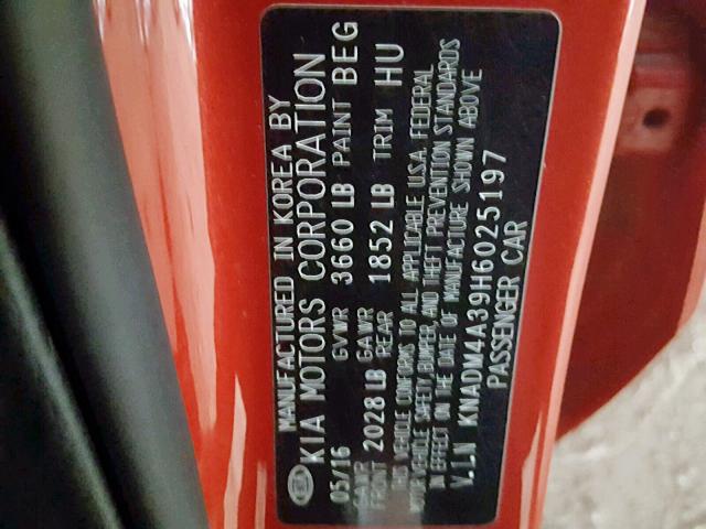 KNADM4A39H6025197 - 2017 KIA RIO LX RED photo 10