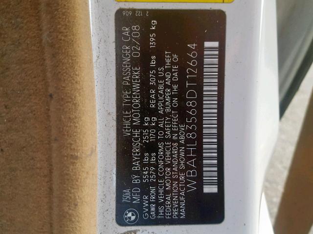 WBAHL83568DT12664 - 2008 BMW ALPINA B7 WHITE photo 10