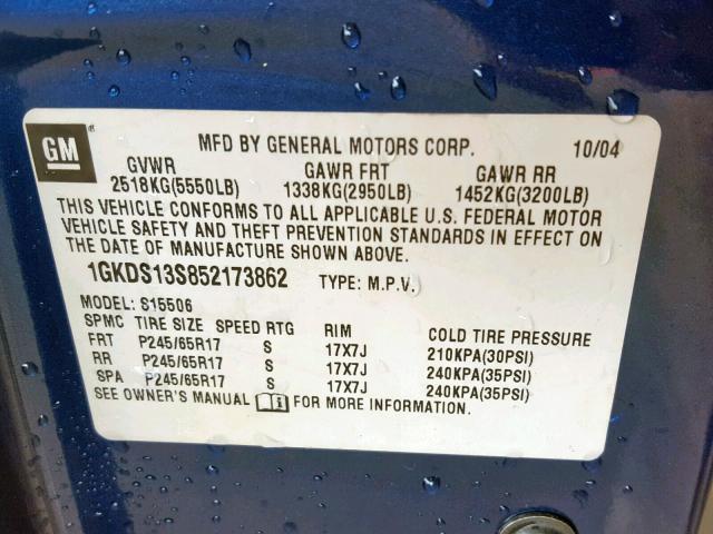 1GKDS13S852173862 - 2005 GMC ENVOY BLUE photo 10