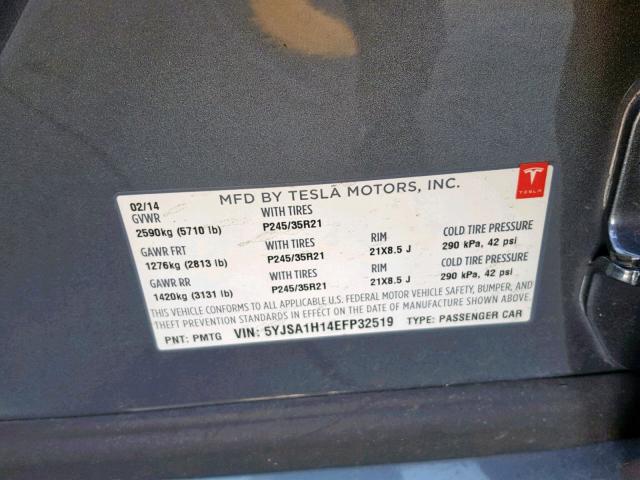 5YJSA1H14EFP32519 - 2014 TESLA MODEL S SILVER photo 10