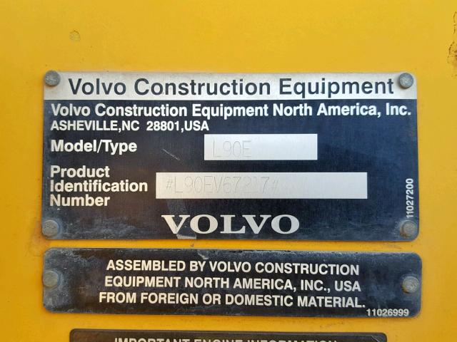 L90EV67217 - 2005 VOLVO L90E YELLOW photo 10